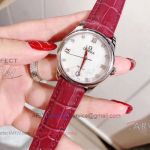 Perfect Replica Omega Deville Stainless Steel Bezel Red Leather Strap 32mm Women's Watch